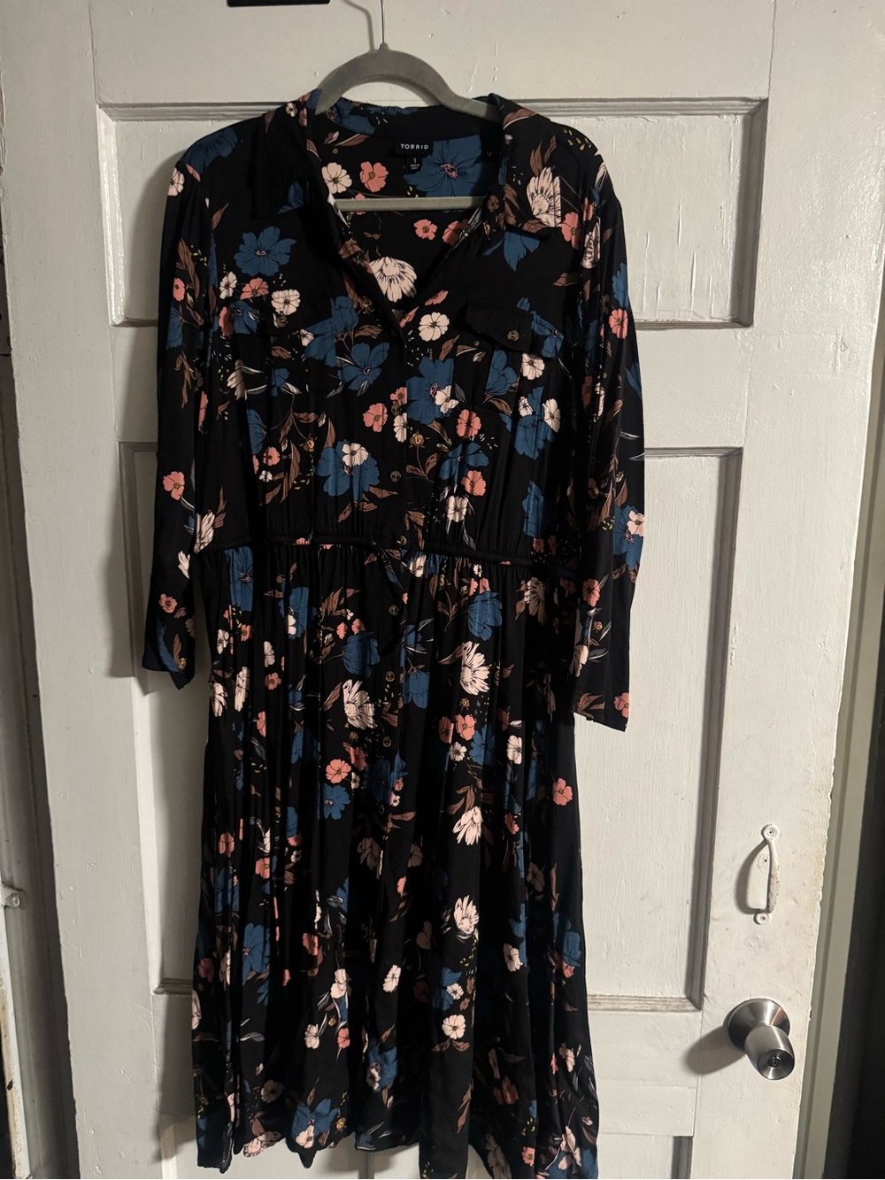 torrid Black Floral Long-Sleeve Button Shirt Dress with Blue and Pink Flowers